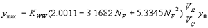 Equation 36. Y subscript max equals K subscript WW, which equals 1.0 for vertical face entrances and 0.89 for wingwall entrances, times the result of 2.0011 minus 3.1682 N subscript F squared, times the quotient of V subscript R divided by V subscript C, times Y subscript 0.