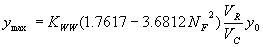 Equation 37. Y subscript max equals K subscript WW, which equals 1.0 for vertical face entrances and 0.89 for wingwall entrances, times the result of 1.7617 minus 3.1682 N subscript F squared, times the quotient of V subscript R divided by V subscript C, times Y subscript 0.