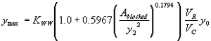 Equation 39. Y subscript max equals K subscript WW, which equals 1.0 for vertical face entrances and 0.91 for wingwall entrances, times the result of 1.0 plus 0.5967 times the quotient, raised to the power of 0.1794, of A subscript blocked divided by Y subscript 2 squared, times the quotient of V subscript R divided by V subscript C, times Y subscript 0.