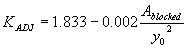 Equation 44. K subscript ADJ equals 1.833 minus 0.002 times the quotient A subscript blocked divided by Y subscript 0 squared.