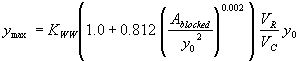 Equation 47. Y subscript max equals K subscript WW, which equals 1.0 for vertical face entrances and 0.89 for wingwall entrances, times the result of 1.0 plus 0.812 times the quotient, raised to the power of 0.002, of A subscript blocked divided by Y subscript 0 squared, all times V subscript R divided by V subscript C, times Y subscript 0.