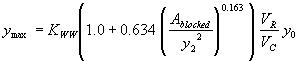 Equation 48. Y subscript max equals K subscript WW, which equals 1.0 for vertical face entrances and 0.92 for wingwall entrances, times the result of 1.0 plus 0.634 times the quotient, raised to the power of 0.163, of A subscript blocked divided by Y subscript 2 squared, all times V subscript R divided by V subscript C, times Y subscript 0.