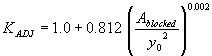 Equation 49. K subscript ADJ equals 1.0 plus 0.812 times the quotient, raised to the 0.002 power, of A subscript blocked divided by Y subscript 0 squared.