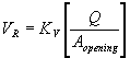 Equation 5. V subscript R equals K subscript V, which is the velocity coefficient to account for flow concentration where side flow converges with main channel flow based on potential flow assumptions, times the quotient of Q, which is the total discharge through the culvert in cubic feet per second, divided by A subscript opening, which is the average flow area within the culvert in square feet.