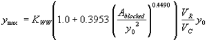 Equation 51. Y subscript max equals K subscript WW, which equals 1.0 for vertical face entrances and 0.87 for wingwall entrances, times the result of 1.0 plus 0.3953 times the quotient, raised to the power of 0.4490, of A subscript blocked divided by Y subscript 0 squared, all times V subscript R divided by V subscript C, times Y subscript 0.