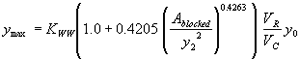 Equation 52. Y subscript max equals K subscript WW, which equals 1.0 for vertical face entrances and 0.89 for wingwall entrances, times the result of 1.0 plus 0.4205 times the quotient, raised to the power of 0.4263, of A subscript blocked divided by Y subscript 2 squared, all times V subscript R divided by V subscript C, times Y subscript 0.