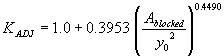 Equation 54. K subscript ADJ equals 1.0 plus 0.3953 times the quotient, raised to the 0.4490 power, of A subscript blocked divided by Y subscript 0 squared.