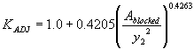 Equation 55. K subscript ADJ equals 1.0 plus 0.4205 times the quotient, raised to the 0.4263 power, of A subscript blocked divided by Y subscript 2 squared.