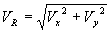 Equation 62. V subscript R equals the square root of the sum of V subscript X, which is the velocity in the flow direction in feet per second, squared, plus V subscript Y, which is the velocity orthogonal to the flow direction, in feet per second, squared.