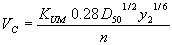 Equation 65. V subscript C equals K subscript UM, which is 1.49 for U.S. customary units and 1.0 for SI units, times 0.28 times D subscript 50 to the one-half power times Y subscript 2 to the one-sixth power, all divided by N, which is Manning's roughness.