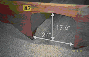 Figure 6. Conspan model. Photo. This picture shows a Conspan model of a bottomless culvert shape. A space is cutout of the solid portion; the space is 24 inches wide and 17.6 inches high. Sediment is highest at the ends of the solid portion and lowest in the cutout.