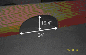 Figure 8. Contech model. Photo. This picture shows a Contech model of a bottomless culvert shape. A space is cutout of the solid portion; the space is 24 inches wide and 16.4 inches high. Sediment is highest at the ends of the solid portion and lowest in the cutout.