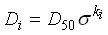 Equation 1. Equation. D subscript I is the grain size of which I percent is finer. D subscript I is equal to the median grain size of the bed material (D subscript 50) multiplied by the coefficient of gradation superscript K subscript I, which is the standard normal deviate of I.