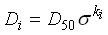 Equation 1. Equation. D subscript I is the grain size of which I percent is finer. D subscript I is equal to the median grain size of the bed material (D subscript 50) multiplied by the coefficient of gradation superscript K subscript I, which is the standard normal deviate of I.