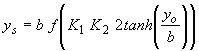 Equation 14. Bruesers-Hancu Equation. The depth of scour equals pier width multiplied by a function of K subscript 1, K subscript 2, and 2 multiplied by the hyperbolic tangent of approach depth of flow for pier scour divided by pier width. K subscript 1 is a coefficient based on the shape of the pier noses, defined as 1.1 for square-nosed piers, 1 for circular or round-nosed piers, or a group of cylinders, and 0.9 for sharp-nosed piers. K subscript 2 is a coefficient to correct for the skew of the pier to the approach flow, defined as the cosine of the skew of the pier to approach flow plus the quantity length of the pier divided by pier width multiplied by the sine of the skew of the pier to approach flow. The whole term is raised to the power of 0.65.