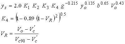 Equation 19. Hydraulic Engineering Circular 18 K4 Equation. The depth of scour equals 2 multiplied by K subscript 1, multiplied by K subscript 2, multiplied by K subscript 3, multiplied by K subscript 4, multiplied by the acceleration of gravity raised to the power of negative 0.215, multiplied by approach depth of flow for pier scour raised to the power of 0.135, multiplied by pier width raised to the power of 0.65, multiplied by approach velocity of pier scour raised to the power of 0.43. K subscript 1 is a coefficient based on the shape of the pier noses, defined as 1.1 for square-nosed piers, 1 for circular or round-nosed piers, or a group of cylinders, and 0.9 for sharp-nosed piers. K subscript 2 is a coefficient to correct for the skew of the pier to the approach flow, defined as the cosine of the skew of the pier to approach flow plus the quantity length of the pier divided by pier width multiplied by the sine of the skew of the pier to approach flow. K subscript 3 is a coefficient to correct for channel bed condition, defined at 1.1 except when medium to large dunes are present, and then it can range from 1.2 to 1.3.
