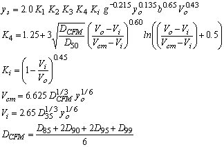 Equation 20. Hydraulic Engineering Circular 18 K4 Molinas Equation. The depth of scour equals 2 multiplied by K subscript 1, multiplied by K subscript 2, multiplied by K subscript 3, multiplied by K subscript 4, multiplied by K subscript I, multiplied by the acceleration of gravity raised to the power of negative 0.215, multiplied by approach depth of flow for pier scour raised to the power of 0.135, multiplied by pier width raised to the power of 0.65, multiplied by approach velocity of pier scour raised to the power of 0.43. K subscript 1 is a coefficient based on the shape of the pier noses, defined as 1.1 for square-nosed piers, 1 for circular or round-nosed piers, or a group of cylinders, and 0.9 for sharp-nosed piers. K subscript 2 is a coefficient to correct for the skew of the pier to the approach flow, defined as the cosine of the skew of the pier to approach flow plus the quantity length of the pier divided by pier width multiplied by the sine of the skew of the pier to approach flow. K subscript 3 is a coefficient to correct for channel bed condition, defined at 1.1 except when medium to large dunes are present, and then it can range from 1.2 to 1.3.
