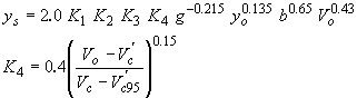 Equation 21. Hydraulic Engineering Circular 18 K4 Mueller Equation. The depth of scour equals 2.0 multiplied by K subscript 1, multiplied by K subscript 2, multiplied by K subscript 3, multiplied by K subscript 4, multiplied by the acceleration of gravity raised to the power of negative 0.215, multiplied by approach depth of flow for pier scour raised to the power of 0.135, multiplied by pier width raised to the power of 0.65, multiplied by approach velocity of pier scour raised to the power of 0.43. K subscript 1 is a coefficient based on the shape of the pier noses, defined as 1.1 for square-nosed piers, 1 for circular or round-nosed piers, or a group of cylinders, and 0.9 for sharp-nosed piers. K subscript 2 is a coefficient to correct for the skew of the pier to the approach flow, defined as the cosine of the skew of the pier to approach flow plus the quantity length of the pier divided by pier width multiplied by the sine of the skew of the pier to approach flow. K subscript 3 is a coefficient to correct for channel bed condition, defined at 1.1 except when medium to large dunes are present, and then it can range from 1.2 to 1.3.