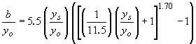 Equation 26. Laursen 2 Equation. The ratio of pier width to approach depth of flow for pier scour equals 1 divided by 11.5 multiplied by the quantity depth of scour divided by approach depth of flow for pier scour. This term is added to 1, then that entire term is raised to the power of 1.7, then 1 is subtracted. This term is multiplied by the quantity depth of scour divided by approach depth of flow for pier scour, and multiplied by 5.5.