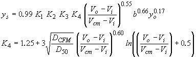 Equation 30. Molinas Equation. The depth of scour equals 0.99 multiplied by K subscript 1, multiplied by K subscript 2, multiplied by K subscript 3, multiplied by K subscript 4, multiplied by the quantity approach velocity for pier scour minus V subscript I, divided by the quantity V subscript CM minus V subscript I, all raised to the power of 0.55. This term is multiplied by pier width raised to the power of 0.66, multiplied by approach depth of flow for pier scour raised to the power of 0.17.