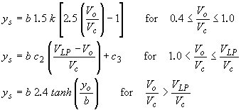 Equation 33. Sheppard Equation. For ratios of approach velocity for pier scour to critical (incipient-transport) velocity for the median size particle between or equal to 0.4 and 1.0, the depth of scour equals 2.5 multiplied by the quantity approach velocity for pier scour divided by critical (incipient-transport) velocity for the median size particle, minus 1. This term is then multiplied by pier width, multiplied by 1.5, multiplied by K.