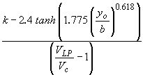 Equation 34. C Subscript 2 Equation. Sheppard defines coefficient C subscript 2 as a fraction. The numerator is K minus 2.4 multiplied by the hyperbolic tangent of the quantity 1.775 multiplied by approach depth of flow for pier scour divided by pier width, all raised to the power of 0.618. The denominator is the live bed peak velocity divided by critical (incipient-transport) velocity for median size particle, all minus 1.