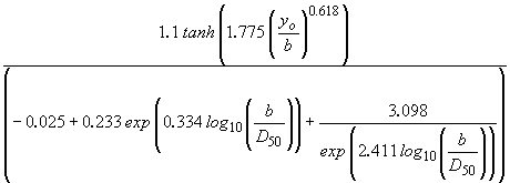 Equation 36. Coefficient K Equation. Sheppard defines coefficient K as 1.1 multiplied by the hyperbolic tangent of the quantity 1.775 multiplied by the quantity approach depth of flow for pier scour divided by pier width raised to the power of 0.618, all divided by the following: negative 0.025 plus 0.233 multiplied by the constant e raised to the power of 0.334 times the log base 10 of the quantity approach depth of flow for pier scour divided by the median particle size, plus the quotient of 3.098 divided by the constant e raised to the power of 2.411 times the log base 10 of the quantity approach depth of flow for pier scour divided by the median particle size.