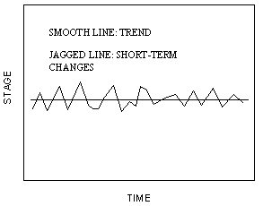 Figure 2. Chart. Example of short-term scour and fill with no long-term changes. This line chart shows time on the X axis and stage on the Y axis; no units are given. There are two lines: a smooth line represents the trend, and a jagged line represents short-term changes. The jagged line roughly follows the outline of the smooth line, which is a horizontal line that is centered vertically.