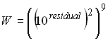 Equation 38. Equation. For residuals greater than 0, the weighting function equals 10 to the power of the residual, all raised to the power of 2, all raised to the power of 9.