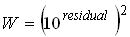 Equation 39. Equation. For residuals less than 0, the weighting function equals 10 to the power of the residual, all raised to the power of 2.