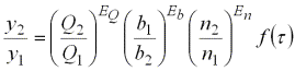 Equation 41. Equation. The depth in the contracted section divided by the depth in the uncontracted section equals the quantity discharge in the contracted section divided by discharge in the uncontracted section all raised to the power of the exponent on the ratio of discharges, multiplied by the quantity bottom width in the contracted section divided by bottom width in the uncontracted section all raised to the power of the exponent on the ratio of bottom widths, multiplied by the quantity Manning’s N in the contracted section divided by Manning’s N in the uncontracted section, all raised to the power of the exponent on the ratio of roughness coefficients, multiplied by the function of one or more shear stress variables.