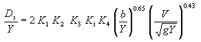 Equation 16. D sub lowercase S divided by Y equals 2 times K sub 1 times K sub 2 times K sub 3 times K sub lowercase I times K sub 4 times open parenthesis lowercase B divided by Y closed parenthesis to the 0.65 power times open parenthesis V divided by the square root of lowercase G times Y closed parenthesis to the 0.43 power.
