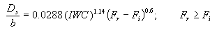 Equation 35. D sub lowercase S divided by lowercase B equals 0.0288 times IWC to the 1.14 power times open parenthesis F sub lowercase R minus F sub lowercase I closed parenthesis to the 0.6 power; F sub lowercase R is greater than or equal to F sub lowercase I.