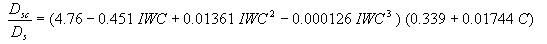 Equation 39. D sub lowercase S and C divided by D sub lowercase S equals open parenthesis 4.76 minus 0.451 times IWC plus 0.01361 times IWC squared minus 0.000126 times IWC cubed closed parenthesis times open parenthesis 0.339 plus 0.01744 times C closed parenthesis.