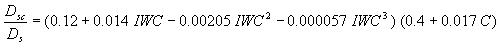 Equation 40. D sub lowercase S and C divided by D sub lowercase S equals open parenthesis 0.12 plus 0.014 times IWC minus 0.00205 times IWC squared minus 0.000057 times IWC cubed closed parenthesis times open parenthesis 0.4 plus 0.017 times C closed parenthesis.