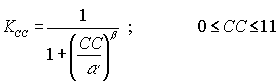 Equation 28. K sub CC equals 1 divided by the total of 1 plus open parenthesis CC divided by Greek alpha closed parenthesis to the power Greek beta; 0 is less than or equal to CC, which is less than or equal to 11.