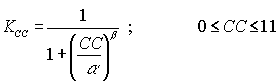 Equation 28. K sub CC equals 1 divided by the total of 1 plus open parenthesis CC divided by Greek alpha closed parenthesis to the power Greek beta; 0 is less than or equal to CC, which is less than or equal to 11.
