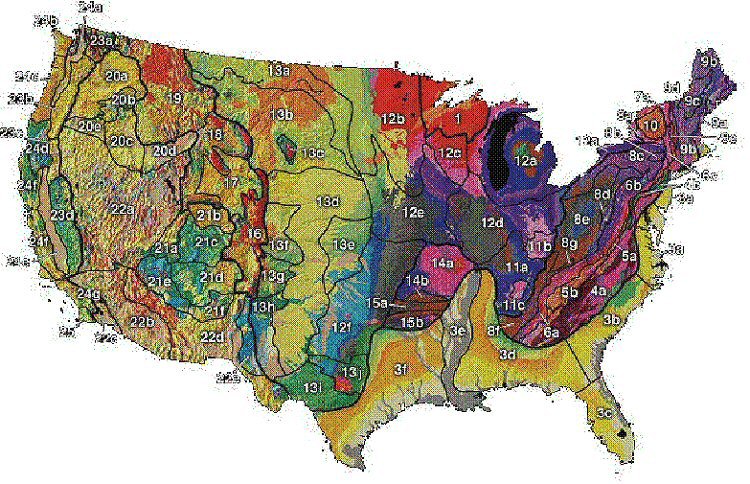 Figure 6. Physiographic map of the United States (after reference 66). Map. Figure 6 shows the 25 physiographic regions of the United States. Regions are identified by number and color; specific regions are identified in the text preceding the figure.