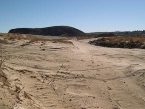 Figure 41. Mojave River, Basin and Range-upstream from bridge, photo 1. Photo. This is the Mojave River in the Basin and Range region looking upstream from the bridge. The bed material is very fine sand, and the bank vegetation is nearly absent.