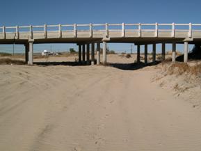 Figure 43. Mojave River, Basin and Range-looking downstream at bridge. Photo. This is looking downstream at the bridge. The channel is completely dry and lacks definition.
