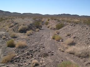 Figure 45. Rt. 66 Wash, Basin and Range-upstream from bridge. Photo. This is a dry wash along Historic Route 66 in the Basin and Range region looking upstream from the bridge. The bed material is loose sand and gravel, and the bank vegetation is nearly absent. Some channelization is evident. 