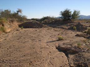 Figure 50. Sacramento Wash, Basin and Range-downstream from bridge. Photo. This is looking downstream from the bridge. The photo shows channel mining. The channel is very wide relative to the depth. 