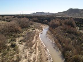 Figure 53. Rio Puerco, Trans Pecos-downstream from bridge. Photo. This is the Rio Puerco in the Trans Pecos region looking downstream from the bridge. The bed material is sand, and the bank vegetation is desert shrubs. 