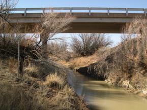 Figure 59. Rio San Jose, Trans Pecos-looking upstream at bridge. Photo. This is looking upstream at the bridge. The photo shows a nearly trapezoidal section under the bridge.