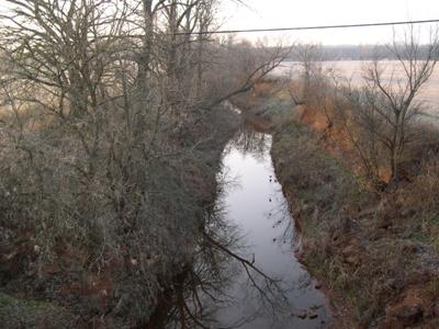 Figure 86. Brush Creek, Central Plains-upstream from bridge. Photo. This is the Brush Creek in the Central Plains region looking upstream from the bridge. A narrow row of riparian trees exists on the right bank. The left bank has experienced mass wasting, and the material is now the bank toe.