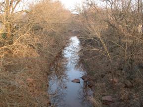 Figure 87. Brush Creek, Central Plains-downstream from bridge. Photo. This is looking downstream from the bridge. The bank vegetation is thicker downstream than it is upstream. 