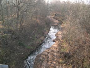 Figure 89. Unnamed creek (N 19), Central Plains-downstream from bridge. Photo. This is unnamed creek N 19 in the Central Plains region looking downstream from the bridge. Bank vegetation is fairly thick; however, the bank width is irregular, indicating some mass wasting.