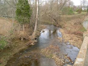 Figure 98. Honey Run, Interior Low Plateau-downstream from bridge. Photo. This is looking downstream from the bridge. The stream exits the bridge at a high angle.