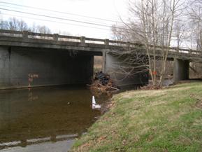 Figure 100. Honey Run, Interior Low Plateau-looking downstream at bridge. Photo. This is looking downstream at the bridge. The channel is fairly well-aligned with the bridge as it enters the opening.