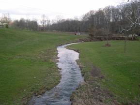 Figure 102. Unnamed creek (N 28), Interior Low Plateau-downstream from bridge. Photo. This is looking downstream from the bridge. All vegetation has been removed and replaced by grass. Channel banks are uneven from erosion.